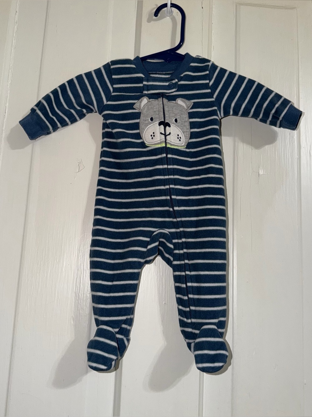Boys infant newborn pajamas Striped Navy & White Baby One-Piece with Puppy